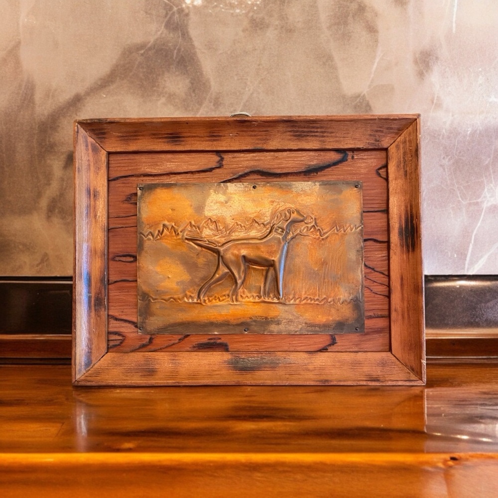 Wall art, bird dog in copper mounted on a beautiful piece of wood and framed